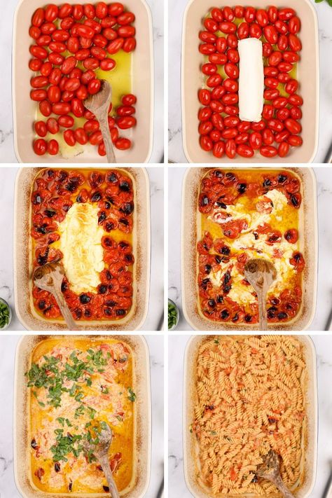 This Baked Goat Cheese Pasta recipe is a variation on the popular Viral recipe! Made with cherry tomatoes, garlic, olive oil, and basil, this creamy goat cheese pasta is the perfect family friendly dinner idea. Whether you're looking for an easy recipe or a comfort food pasta dish, this is one you'll come to again and again. Spaghetti With Goat Cheese, Goat Cheese Orzo Pasta, Roasted Tomato Goat Cheese Pasta, Goat Cheese Cherry Tomatoes Pasta, Pasta With Cheese And Tomatoes, Goat Cheese Pasta Bake, Goats Cheese Pasta, Easy Goat Cheese Recipes, Baked Tomato Pasta