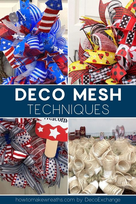 Deco Mesh Techniques, Wreath Techniques, Deco Mesh Christmas Wreaths Diy, Deco Mesh Bows, Ribbon Wreath Diy, Diy Deco Mesh Wreath, Mesh Garland, Deco Mesh Garland, Deco Mesh Crafts