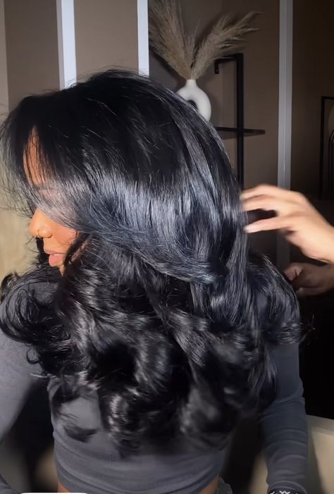 Closure Sew In Layers, Blowout Curls Black Women, 90s Blowout Black Women, 18inch Sew In Weave, Blow Outfit Hair Black, Jet Black Hair Black Women, 90s Blowout Hair Black Women, Layered Hair Black Women, Sew In With Layers