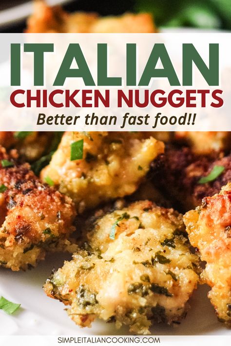 Enjoy these chicken nuggets that are fried on a stove top and not deep fried. I use some Italian seasoning in the breadcrumbs, but you can use whatever you have. These chicken bites are easy to make and a perfect alternative to fast food like Chick-fil-A or McDonalds. Use for your kids' lunches or even to put in sandwiches or serve as appetizers at a party. via @simpleitalian Recipes That Use Chicken Nuggets, Easy Chicken Nuggets, Easy Chicken Nugget Recipes, Chicken Bites Recipes, Homemade Chicken Nuggets, Quick Chicken Recipes, Recipe For Dinner, Healthy Chicken Recipes Easy, Chicken Breast Recipes Easy