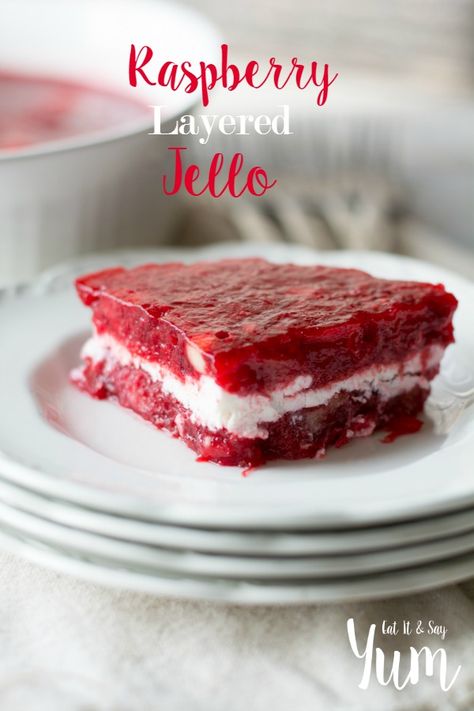 Raspberry Layered Jello recipe- with lots of fruit- great for the holidays! Layered Jello Salad, Raspberry Jello Recipes, Layered Jello Recipe, Raspberry Jello Salad, Jello Deserts, Jello Fruit Salads, Raspberry Jello, Jello With Fruit, Congealed Salad