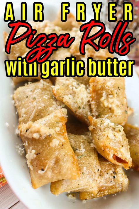 Pepperonis In Air Fryer, How To Make Pizza Rolls In Air Fryer, Pizza Logs Air Fryer, Pizza Roll Garlic Butter, Pizza Roll Ideas, Air Fried Pizza Rolls, Fried Pizza Rolls With Garlic Butter, Parmesan Pizza Rolls, Garlic Parm Pizza Rolls