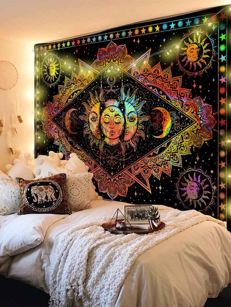 Multicolor Modern   Polyester Graphic  Embellished   Home Decor Room Ideas Aesthetic Tapestry, Tapestry Bedroom Cozy, Bedroom Tapestry Ideas, Tapestry Bedroom Hippie, Trippy Rooms Aesthetic, Spiritual Aesthetic Room, Cute Tapestries, Chill Room Aesthetic, Spiritual Bedroom