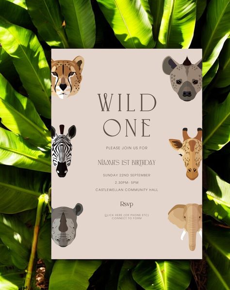 Embark on a wild safari adventure with the Wild One | First Birthday Invitation. This exciting design features a variety of jungle animals, customisable details, and a perfect theme for a memorable celebration. Key Features: Safari theme Modern and stylish layout Customisable text and details High-quality printing on premium paper Perfect for a first birthday celebration Let the Wild One | Niamh's First Birthday Invitation set the tone for your unforgettable party. Order yours today! Editable 5 x 7 invitation template & Editable mobile template -------------------------------------------------------------- What you can customise: All text areas (including name, date, time, location) Text colors, fonts, and sizes Background colour Upload your own images (optional) Why choose us: No font dow Wild One First Birthday, Wild One Birthday Invitations, The Wild One, Wild One Birthday, Birthday Decorations Kids, Wild Safari, Safari Adventure, Safari Birthday, Safari Theme