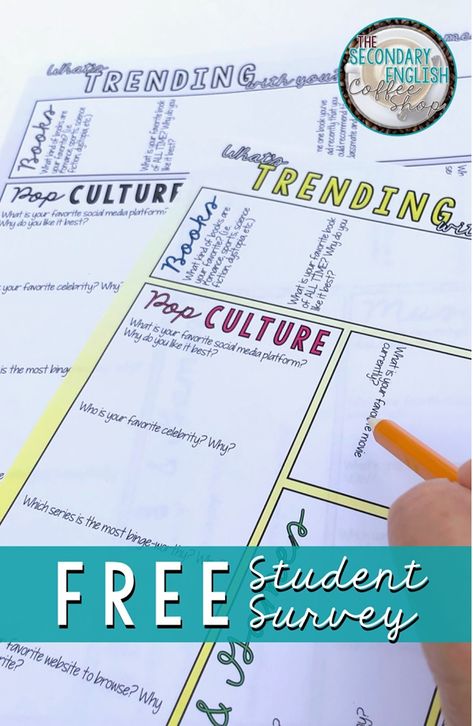 If you are wondering what to do on the first day of school, this blog post will help you plan some great back to school activities! In addition to several ideas on how you can incorporate the latest teen trends into your lesson plans, we are sharing a FREE printable to help you get started. These fun ideas are perfect for middle and high school English Language Arts classes and they are fun, too! [ELA, English, 9th grade, 10th grade, 11th grade, 12th grade, Grade 9, Grade 10, Grade 11, Grade 12] Do Now Activities High School, Back To School Activities For High School, All About Me Middle School Free, Avid High School Activities, High School Printables, High School Getting To Know You Activity, First Week Of School Activities High School, Get To Know You High School, New Year Activities For Middle School