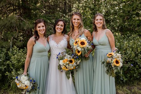 Sage Green Bridesmaid Dresses With Sunflower Bouquet, Sunflower Wedding Bridesmaid Dresses, Sunflower Beach Wedding, Moab Wedding, Grey Wedding Theme, Beach Wedding Bridesmaid Dresses, Beach Wedding Bridesmaids, Sunflower Themed Wedding, Sage Green Bridesmaid Dress