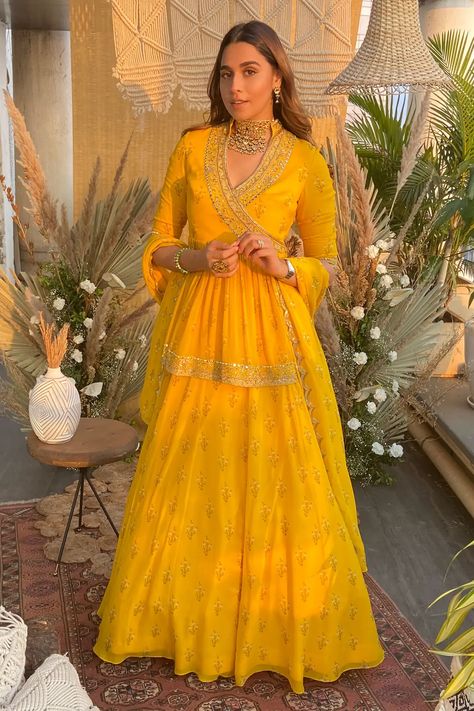 Shop for Sana Barreja Yellow Georgette Irene Embroidered Tunic Lehenga Set for Women Online at Aza Fashions Yellow Indian Outfit, Haldi Dress, Kurta Lehenga, Haldi Outfits, Haldi Outfit, Angrakha Style, Yellow Lehenga, Lehenga Skirt, Traditional Indian Outfits