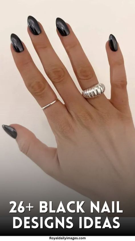 Black Nail Designs Almond Black Nails Ideas, Back And Silver Nails, Scale Nails Designs, Black Professional Nails, Black Chrome Short Nails, Black Texture Nails, Glazed Black Nails, Black Almond Shape Nails, Black Nails Inspo Almond