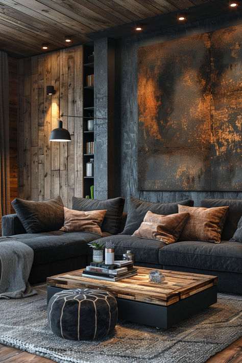 black and brown living room, dark living room, modern living room,living room decor, living room inspiration Industrial Black Living Room, Bronze House Decor, Living Room Designs L Couch, Masculine Living Room Decor House, Home Interior Design Black And Wood, Spare Living Room Idea, Black And Tan Leather Living Room, Black And Brown Home Interior, Black White And Brown Interior Design