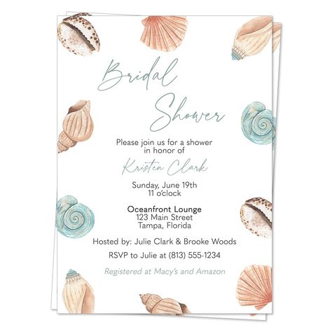 PRICES MAY VARY. ♥ Invite guests to your bridal shower with this beach themed invitation featuring shells and starfish, backed in aqua blue. ♥ Includes 12 Invitations and 13 White Envelopes. ♥ Invitations measure 5x7 inches and are custom printed with your event details. ♥ Printed on high quality matte smooth finish card stock. ♥ All our products are Made with Love in the USA. ♥ Female owned & veteran owned small business. ♥ Invite guests to your bridal shower with this beach themed invitation f Boho Beach Bridal Shower Ideas, Beach Bridal Shower Invitations, Starfish Wedding, Beach Bridal Showers, Beach Bridal, Shower Themes, Event Details, Invitations Wedding, Christmas Invitations