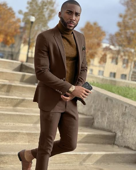 Men’s Fall Suit Ideas, Black Men Business Casual Outfits, Brown Men Fashion, Earthtone Outfits Men, Brown Mens Suit, Mens Suit For Wedding, Black Mens Fashion Suits, Black Men Suits, Suit For Wedding