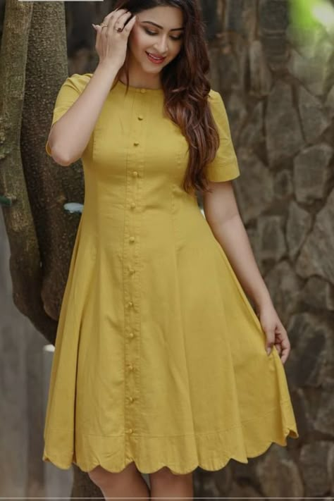 Mustard Yellow Dress Outfit Casual, Short Sleeve Linen Dress, Knee Length Frock Design, Sleeves For Frocks, Chikenkari Dress Ideas Frock, Kurty Pattern New, Front Button Kurti Design, Different Kurti Designs, Frock Designs For Girl Casual