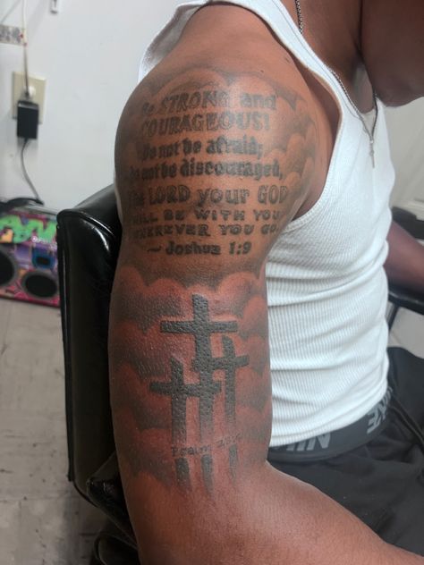 Tattoo Idea For Shoulder, Half Upper Sleeve Tattoo Men, Upper Arm Memorial Tattoo Men, Bible Verse Quarter Sleeve Tattoo, Upper Arm Tattoo Men Half Sleeves Clouds, Shoulder And Bicep Tattoo Men, Men Tattoo Bicep, Arm Shoulder Tattoo Men, Shoulder Tattoo Men Bible Verse