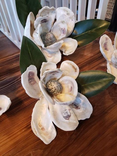 20 Beautiful Ways to Repurpose Oyster Shells Oyster Table Decor, Oyster Shell Flowers, Things To Make With Oyster Shells, Oyster Shell Magnolia Flower, Oyster Shell Crafts Diy How To Make, Diy Oyster Shell Crafts, Sea Shell Ideas, What To Do With Sea Shells, Clam Shell Crafts