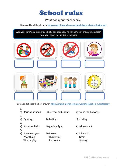 School rules - English ESL Worksheets for distance learning and physical classrooms School Rules Worksheet, At School Worksheets, School Rules Activities, British Values, Class Rules, Safety Rules, School Rules, Family Rules, Classroom Language