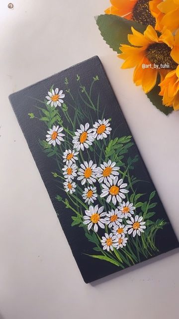 Canvas Sheet Art, Fabric Colour Painting On Paper, Daisy Flower Acrylic Painting, Painting Ideas Sunflowers, Daisy Art Painting, Daisy Flower Painting, Multi Canvas Painting, Fabric Colour Painting, Floral Paintings Acrylic