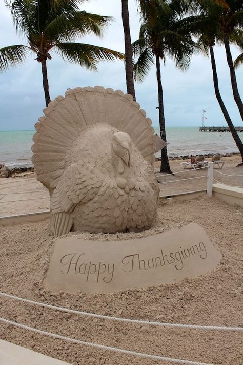 Happy Thanksgiving Florida Thanksgiving, Thanksgiving Beach, Beach Sand Art, Coastal Fall, Fall Beach, Thanksgiving Pictures, Sand Sculpture, Snow Sculptures, Snow Art