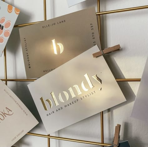 Buissness Cards, Hair Stylist Business Cards Design, Hair And Makeup Salon, S Logos, Typography Stencil, Boutique Business Cards, Stencil Lettering, Hair Salon Marketing, Gold Foil Business Cards