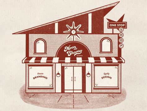 Storefront Illustration for Moonshooter Collective by Spencer Brokaw on Dribbble Storefront Illustration, Elements Logo, Lighthouse Drawing, Shop Facade, Graphic Shirt Design, Mid Century Illustration, Line Artwork, Graphic Poster Art, Shop Illustration