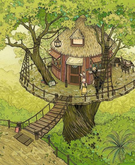 Fantasy Treehouse Concept Art, House In A Tree Drawing, Treehouse Concept Art, Treehouse Drawing, Treehouse Aesthetic, Treehouse Illustration, Drawings Of Eyes, Treehouse Art, Fantasy Treehouse