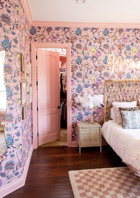 Floral wallpaper, young girls room, checkered rug, pink bedroom, neon sign, Painted pink trim, House of Hackney Artemis wallpaper Artemis Wallpaper, Maximalist Room Decor, Bedroom Neon Sign, House Of Hackney Wallpaper, Bedroom Neon, Girls Room Wallpaper, Bedroom Nook, House Of Hackney, Toddler Bedroom Girl