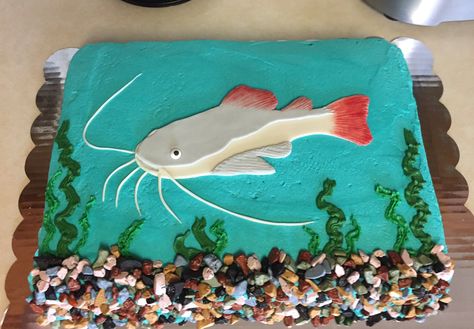 Redtail Catfish Cake Chocolate rock candy and fondant catfish. Catfish Birthday Party, Wildlife Cake Ideas, Catfish Birthday Cake, Catfish Cake, Fishing Cake Ideas, Redtail Catfish, Fishing Cakes, Lake Cake, Fireworks Cake