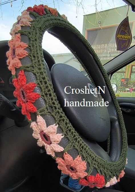 HANDMADE CROCHETED STEERING WHEEL COVER which is made like accessories for car Crocheted steering wheel cover is a great way to update your car's interior with good quality. The cover made from pure cotton has a comfortable feel and will protect your hands from hot or cold steering wheels. It fits a standard 46.5"-47" circumference or 14.5"-15" in diameter (35.5-39.5 cm -measurements 1 on the photo, measurement 2 = 11 cm (4 1/3 in) steering wheel Composition: 100% cotton, mercerized Soft and str Crochet Granny Square Steering Wheel Cover Pattern, Car Inspo Interior Boho, Cute Car Set Up, Crocheted Car Accessories, Crochet Car Accessories Pattern, Crochet Sterling Wheel Cover, Crochet For Car Accessories, Hedwig Aesthetic, Crochet Car Wheel Cover