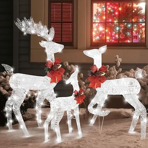 VINGLI 3-Piece Lighted Christmas Reindeer Family Set Outdoor Decorations, Weather Proof Deer Family Set of 3 Christmas Ornament Home Decor Pre-lit 270 LED Lights with Stakes, Zip Ties Secured-White Outdoor Christmas Reindeer, Reindeer Outdoor Decorations, Outdoor Reindeer, Christmas Reindeer Decorations, Halloween Accessories Hair, Deer Family, Reindeer Decorations, Christmas Yard Decorations, Family Decor