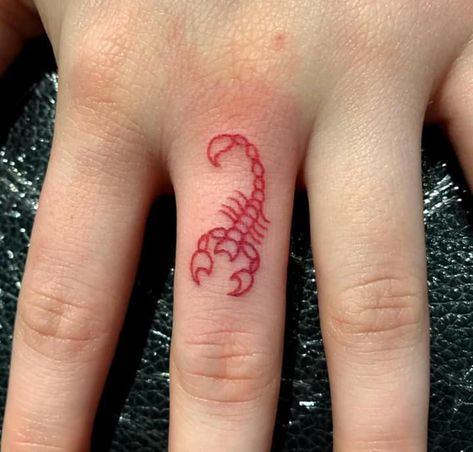 Red Ink Stick And Poke Tattoo, Scorpio Stick And Poke Tattoo, Scorpion Tattoo Aesthetic, Scorpio Red Tattoo, Red And Black Finger Tattoo, Scorpion Stick And Poke, Scorpio Tiny Tattoo, Mini Scorpio Tattoo, Wise Tattoos