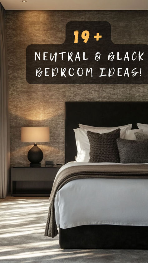 Ever wondered how to blend neutral tones with black for your bedroom? Click to explore 19 sleek and stylish designs. Create your dream bedroom today! 🖤🛏️ #BedroomDesign #NeutralDecor #BlackAndWhite #StylishHome #DreamBedroom Grey Tan Black Bedroom, Tan Walls Black Furniture Bedroom, How To Lighten Up A Room With Black Furniture, Gray And Cognac Bedroom, Cozy Bedroom Black Bed Frame, Gray Brown Black Bedroom, Simple Neutral Bedding, Charcoal And Tan Bedroom, Charcoal Comforter Bedroom