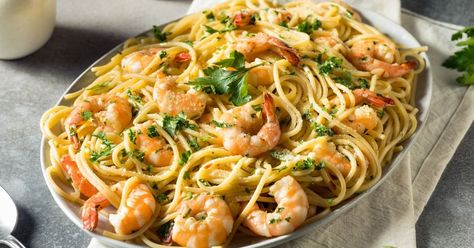 30 Easy Pasta Recipes for Dinner - Insanely Good Ina Garten Shrimp Scampi, Ina Garten Shrimp, Garlic Butter Shrimp Pasta, Buttery Shrimp, Lemon Pasta Recipes, Shrimp Scampi Recipe, Seafood Pasta Recipes, Scampi Recipe, Greek Pasta