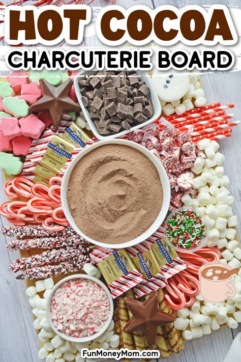 Hot Chocolate Bar Alcohol, Hot Cocoa Tray Ideas, Hot Chocolate Board Christmas, Beverage Charcuterie Board, Hot Cocoa Board Ideas Christmas, Hot Chocolate Topping Ideas, Adult Hot Cocoa Bar, Hot Cocoa Christmas Bar, Got Cocoa Bar