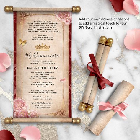 DIY Rose Gold Quinceanera Scroll Invitations #rosegoldquinceanerascrollinvitations #diytemplatevintageparchmentpaper #myquinceanerasweet16birthday #floralblushpinkburgundyflowers #misquinceanosbeautybeast #15elegantwatercolorrosesbutterfly #butterfliesdiamondsparkletiaracrown #rolledroyalweddinginvitationcards #glitterdressesgownborderparty #carddesignprincessbabyshower Quinceanera Diy, Enchanted Theme, Diy Scroll, Scroll Invitations, Rose Gold Quinceanera, Roses Butterfly, Royal Blue Quinceanera, Green Quinceanera, Invitations Quinceanera