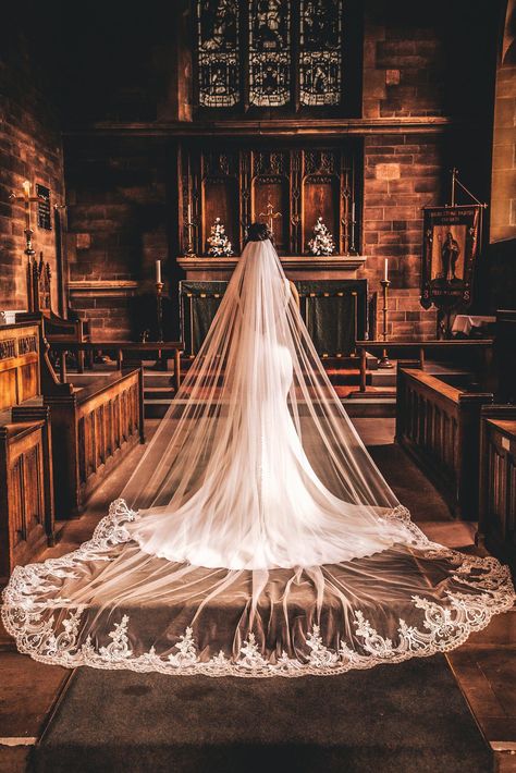 Single Tier Lace Edge Cathedral Veil, Ivory PB9040 - Topknot Tiaras & Veils Veil With Lace Dress, Cathedral Train Wedding Dress, Long Veils Bridal, Dramatic Veil, Cathedral Length Wedding Veil, Long Wedding Veil, Glam Ideas, Regal Wedding, Wedding Dress Veil