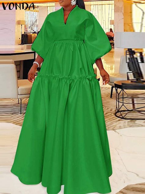 10766.0XAF 45% OFF|VONDA Women Elegant Maxi Dress 2023 Summer Solid Color Vestidos 3/4 Lantern Sleeve Long Shirt Dress Casual Loose Ruffled Robe| |   - AliExpress Stylish Maxi Dress, Elegant Maxi Dress, Summer Chic, Necklines For Dresses, Women Maxi, Versatile Dresses, Women Long Dresses, Lantern Sleeve, Summer Maxi Dress