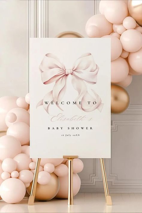 Pink Bow Baby Shower Welcome Sign Editable Canva Template Pink Coquette Baby Shower Entrance Sign Template Pink Ribbon Minimalist - Etsy Romania Baby Shower Blush Pink, Elegant Pink Baby Shower, Pink Bows Baby Shower, Soft Pink Baby Shower Ideas, Bows And Pearls Baby Shower Theme, Baby Shower Pink Theme, Pink Bows Baby Shower Theme, Pink And White Baby Shower Ideas, Baby Shower Bow Theme