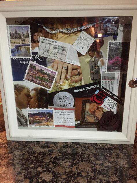 A shadow box that I made for a good friend of mine and her husband on their 1 year anniversary. It was very easy and inexpensive to make. Friend Memories, Shadow Box Ideas, Shadow Box Gifts, Diy Anniversary Gift, Diy Shadow Box, Birthday Friend, Diy Anniversary, 1 Year Anniversary Gifts, Gifts For Her Birthday