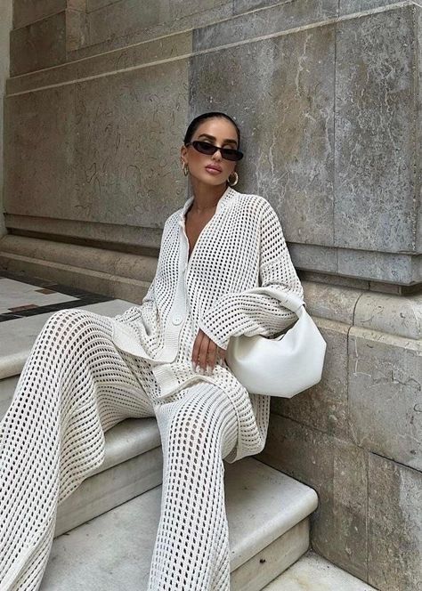 Boho Style Double Knitwear Set - Shabby White Yarn Pants and Knitwear Suit - Women Holiday Combination - Standard Size Crochet Trousers Outfit, Yarn Pants, Crochet Trousers, Long Sleeve Top Design, Spring Knitwear, Boho Mode, Bohemian Mode, Summer Closet, Mode Boho