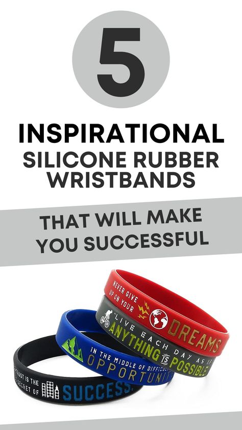 Set of 4 inspirational silicone rubber wristbands with motivational messages Includes the following inspirational quotes: "Never give up on your dreams," "Live each day as if anything is possible," "In the middle of difficulty lies opportunity," and "Self-trust is the first secret of success. Rubber Wristbands, Secret Of Success, Give Up On Your Dreams, Dream Live, Motivational Sayings, Awareness Bracelet, Inspirational Jewelry, Inspirational Bracelets, Motivational Messages