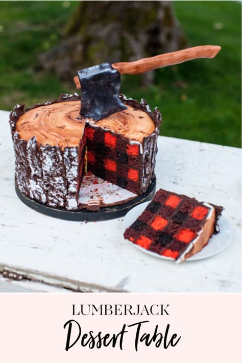 How to Make a Lumberjack Cake | The outside of this cake is made of chocolate ganache. The ax and top of cake are fondant.  The inside? My favorite part: buffalo plaid! Click through to see. || JennyCookies.com #buffaloplaid #cakedecorating #funcakes #caketutorial Plaid Cake, Lumberjack Cake, Jenny Cookies, Wood Cake, Mini Pies, Cake Tutorial, Lumberjack, Chocolate Ganache, Easy Cake