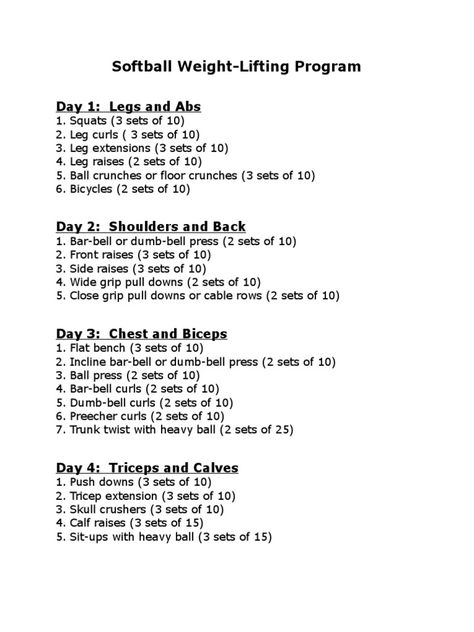 This document outlines a 4-day softball weightlifting program that focuses on different muscle groups each day. Day 1 targets legs and abs with exercises like squats, leg curls, and crunches. Day 2 focuses on shoulders and back with presses, pulls, and raises. Day 3 is dedicated to chest and biceps with presses, curls, and ball exercises. The final day, Day 4, works triceps and calves with pushdowns, extensions, and calf raises. The program provides a full-body routine with multiple sets of ... Good Softball Workouts, Softball Weight Room Workouts, Softball Arm Workout, Off Season Softball Workouts, D1 Softball Workout, Softball Gym Workouts, Softball Pitcher Workouts, Softball Workouts At The Gym, Softball Workouts At Home