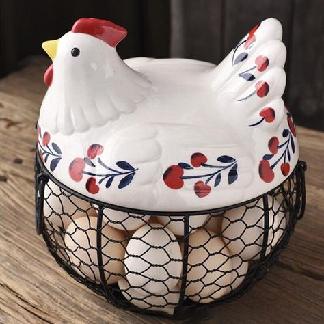 Functional Kitchen Storage, Chicken Kitchen Decor, Ceramic Egg Holder, Black Wire Basket, Chicken Home, Chicken Kitchen, Ceramic Chicken, Kitchen Basket Storage, Egg Container