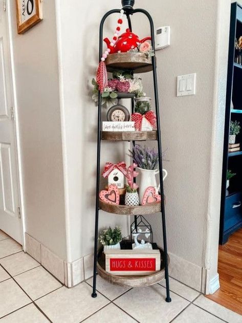 Bakers Shelf, Decorate Corner, Hobby Lobby Shelf Decor, Ladder Shelf Decor, Table Tray Decor, 4 Tier Shelf, Tiered Shelf, Round Shelf, Valentine's Ideas