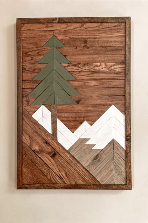 Things Made With Pallets, Sellable Wood Projects, Wood Mountain Wall Art Diy, Wood Mosaic Diy, Diy Mountain Wall Art, Wooden Mountain Wall Art, Wood Mountain Art, Wood Mountain Wall Art, Lath Art