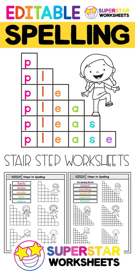 Free Editable spelling worksheets. Free spelling worksheet printables!  These universal spelling worksheets work with any word list!  Our stair step activity sheets are editable, allowing you to type in your own word list for students to practice. Spelling Ideas For 3rd Grade, Kinesthetic Spelling Activities, Fun Spelling Practice, Phonics And Spelling Activities, Practicing Spelling Words Fun, Spelling Words Practice Sheets, Spelling Practice Worksheets 2nd Grade, Spelling Study Ideas, Best Way To Practice Spelling Words