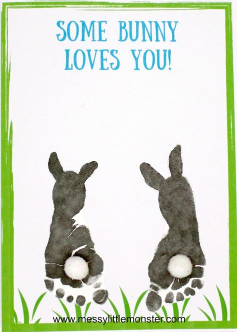 Some bunny loves you! Make a footprint bunny craft with your baby or toddler using our free printable keepsake card. Great for Mother's Day, Father's Day, Valentine's day or Easter. Footprint Bunny, Påskeaktiviteter For Barn, Baby Footprint Art, Maluchy Montessori, Easter Crafts For Toddlers, Bunny Craft, Baby Art Projects, Footprint Crafts, Toddler Arts And Crafts