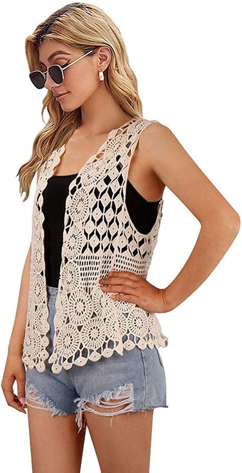 Womens Floral Crochet Lace Boho Trim Sleeveless Open Front Vest Cardigan Beige at Amazon Women’s Clothing store Lace Vest Outfit, Crochet Tank Top Outfit, Cardigan Tutorial, Crochet Cardigan Tutorial, Open Front Vest, Vest Cardigan, Easy Crochet Patterns Free, Lace Vest, Tank Top Outfits