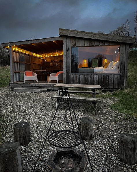 Indoor outdoor living all year in our cosy cabins. #cabin #wales #wellbeing Dry Cabin Ideas, Off Grid Cabin Ideas, Cabin Outdoor Ideas, Tiny Cabin Ideas, Shed Cabin Ideas, Tiny House Outdoor, Cabin Compound, Off The Grid Cabin, Bunkie Life