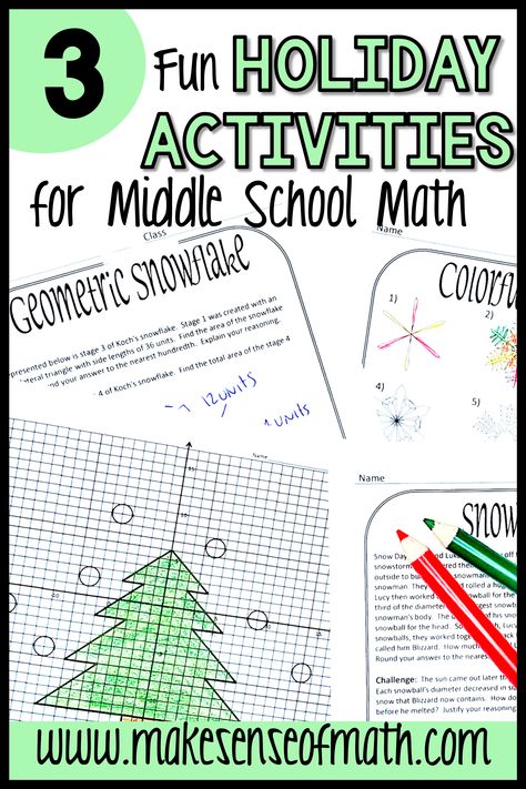 3 fun holiday activity for middle school math. Keep your 6th grade, 7th grade, 8th grade, and Algebra sutdents engaged with these activities. No prep activities to make lesson planning easy. Go beyond just a worksheet and engage your students in these Christmas math activities that are easily differentiable. Click here to read more. #makesenseofmath Holiday Activities For Students, Christmas Activities For Middle School, Christmas Math Middle School, Middle School Math Worksheets, Algebra Games, Pre Algebra Activities, Substitute Ideas, Fun Holiday Activities, Holiday Math Activities