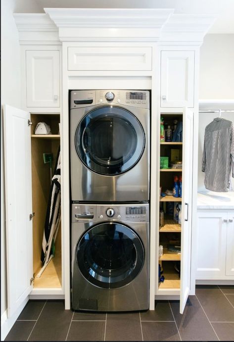 #diy #laundryroom #storage Laundry Pantry Combo, Laundry Pantry Combo Ideas, Washer Dryer Laundry Room, Room Makeover On A Budget, Narrow Laundry Room, Organization Laundry, Stacked Laundry Room, Laundry Nook, Laundry Room Ideas Small Space